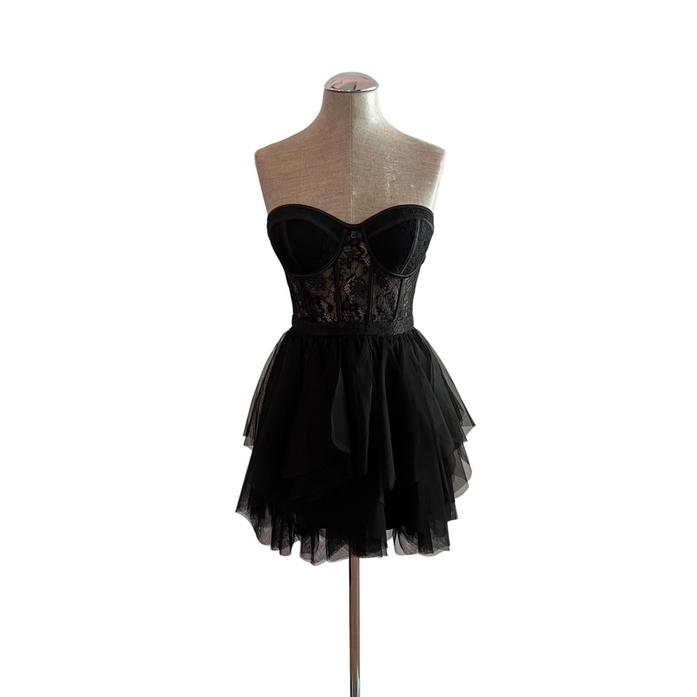 Forever 21 Black Lace Corset Tiered Tulle Mini Dress Gothic Strapless S